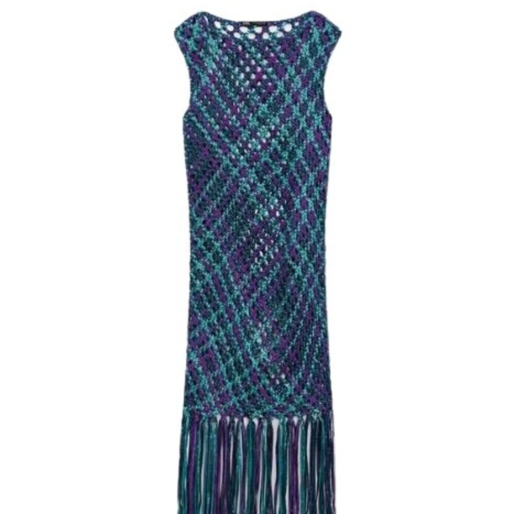ZARA PURPLE/TEAL/TURQUOISE WOVEN FRINGE MIDI DRESS